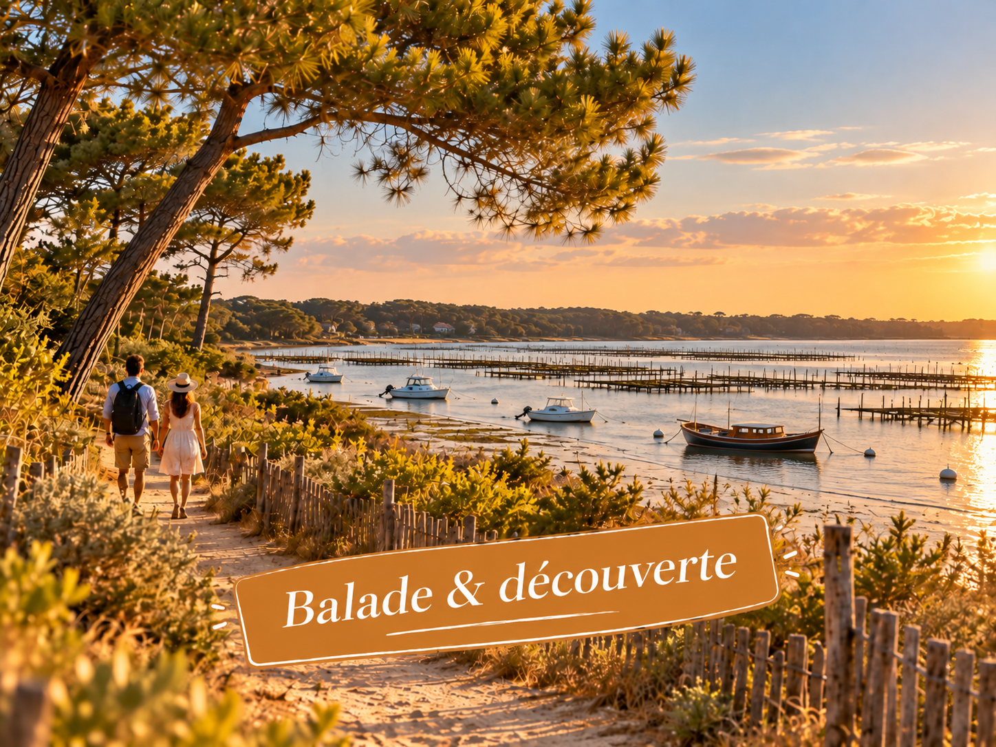 Balade au bord du Bassin d’Arcachon entre pins, pinasse, bateaux au mouillage et parcs à huîtres.